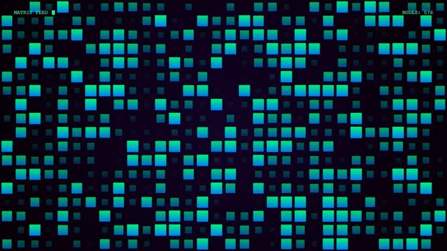 Abstract grid display featuring realtime data streaming across a dark digital interface with glowing cyan square pixels representing binary sequences in a modern network monitoring system