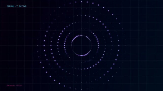 Abstract visualization of a Realtime Data Streaming feed showing pulsing circles and rhythmic dots flowing across a dark grid surface for modern digital network interface
