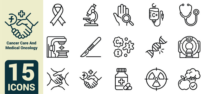 Cancer Care and Medical Oncology Line Icons Set &ndash; Radiation Therapy, Chemotherapy IV, Tumor Diagnosis, Surgical Scalpel, DNA Mutation, Awareness Ribbon, and Hospital Vector