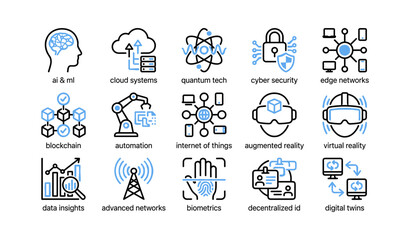 Fototapeta premium Technology concept icons arranged in a grid on white background