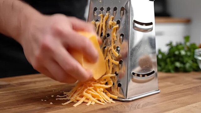 Closeup of a hand grating cheddar cheese on a metal grater 2.