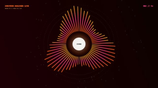 A circular waveform visualization showcasing realtime data streaming metrics as audio frequencies pulsate within a dark digital environment displayed across three sequential frames of movement