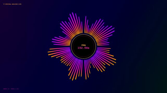 Dynamic realtime data streaming visualized through circular glowing frequency spectrum graphs shifting colors across a digital interface during a live audio signal processing motion sequence
