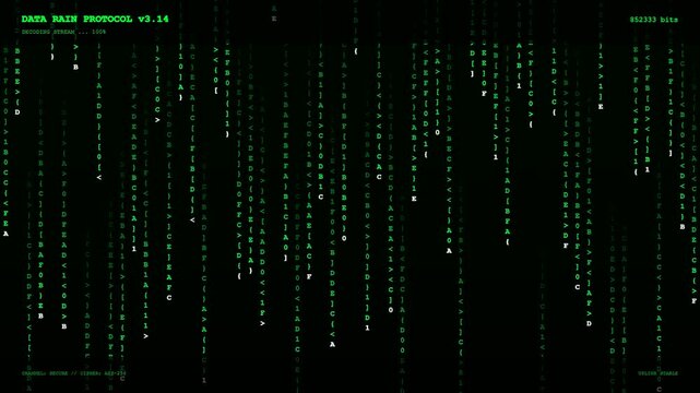A mesmerizing realtime data streaming flow featuring vertical scrolling green characters cascading down a dark void to visualize complex information processing patterns in a virtual environment