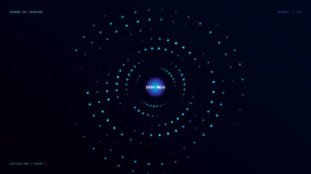 Realtime data streaming interface displayed with glowing blue circles and digital numeric counters expanding across a dark void to visualize information flow patterns during computation
