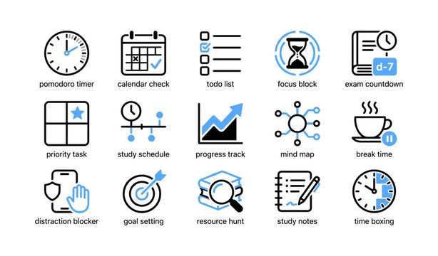 Grid of study productivity icons showing labeled planning symbols