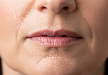 Naklejka premium Closeup of woman’s lips with pink lipstick. Soft lighting highlights skin texture and subtle makeup details.
