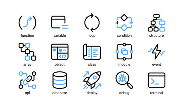 Programming and software concept icons arranged on white background