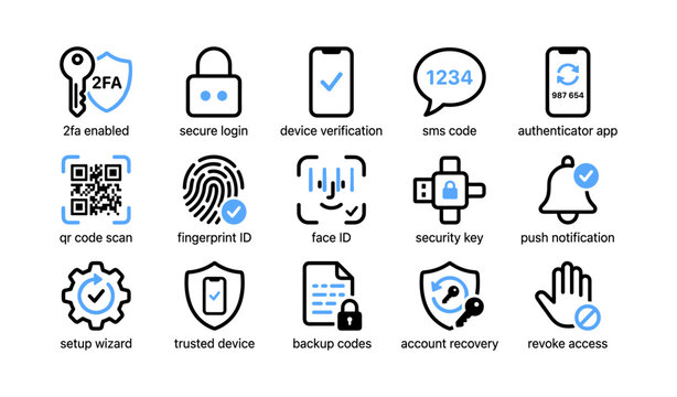 Security and authentication icons with labels on white background