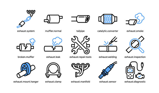Vehicle exhaust and muffler parts icons arranged in grid