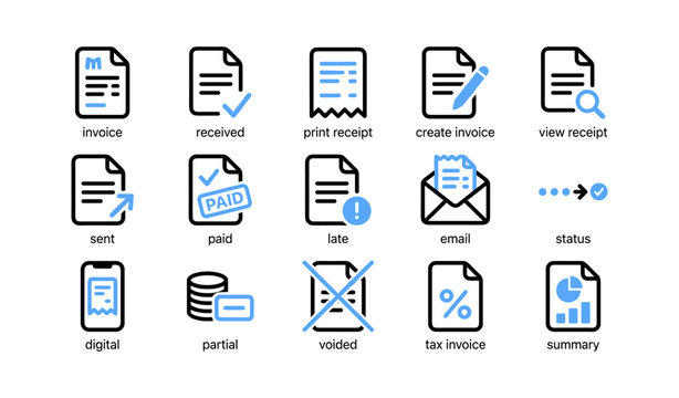 Invoice and receipt management icons arranged in grid layout