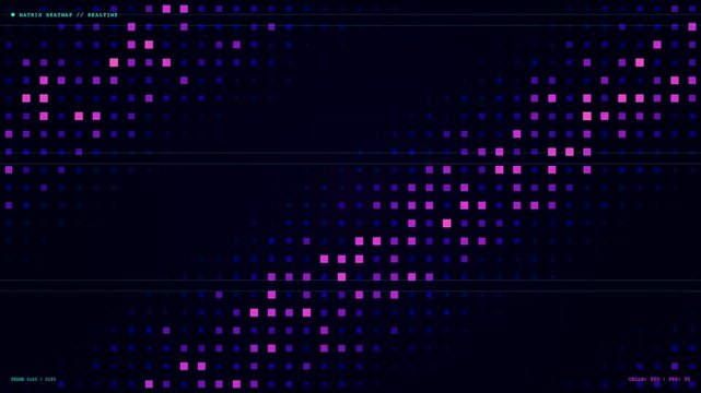 Abstract digital patterns displaying realtime data streaming metrics on a dark panel screen showing glowing pink squares flowing in sequences across an illuminated visual interface grid