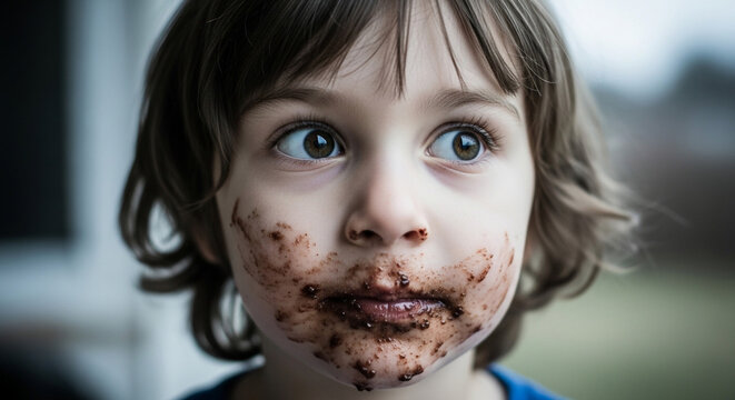 Child with chocolate smeared across face smiles mischievously while looking at the camera.
