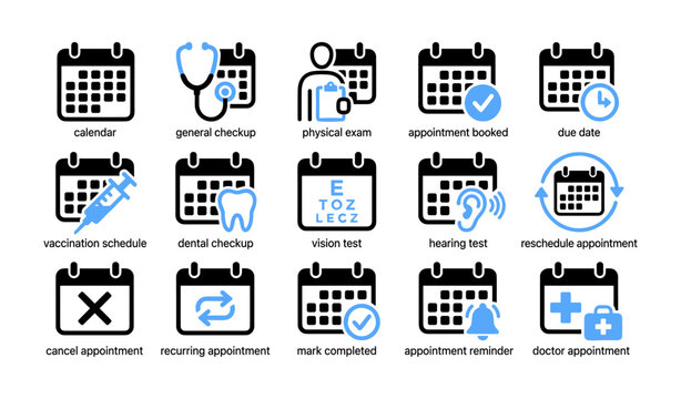 Calendar and appointment icons showing scheduling and medical labels