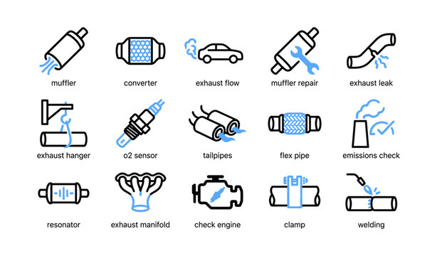 Vehicle exhaust and muffler icons arranged in grid on white background