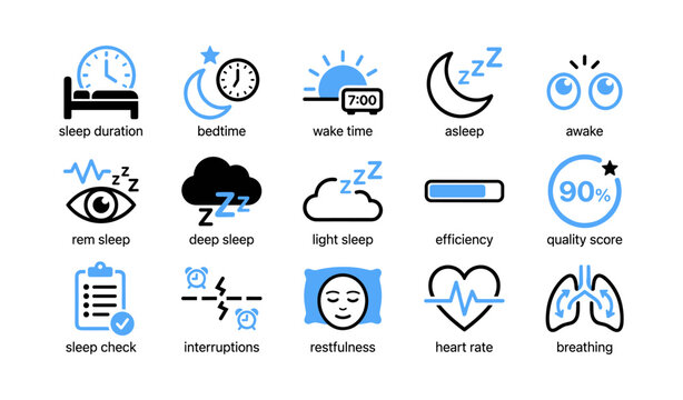 Sleep tracking and wellness icons arranged in grid on white