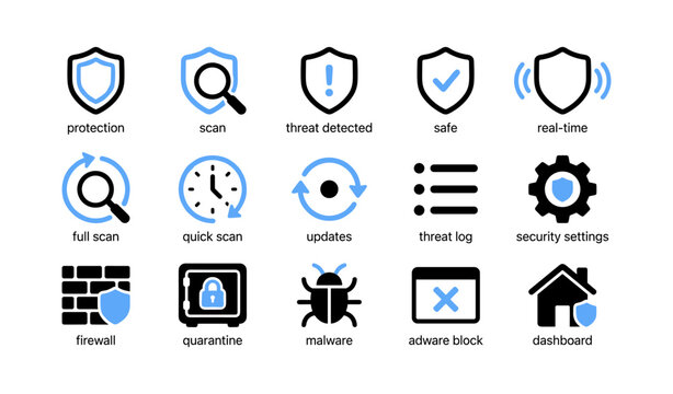 Cybersecurity and protection icons arranged in grid on white