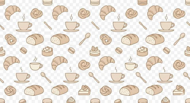 Minimal Bakery and Coffee Seamless Pattern with Croissants Bread Cups and Desserts on Transparent Background