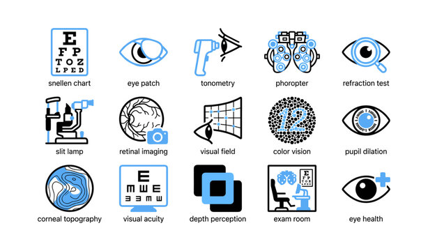 Ophthalmology icons representing eye examination tools in grid