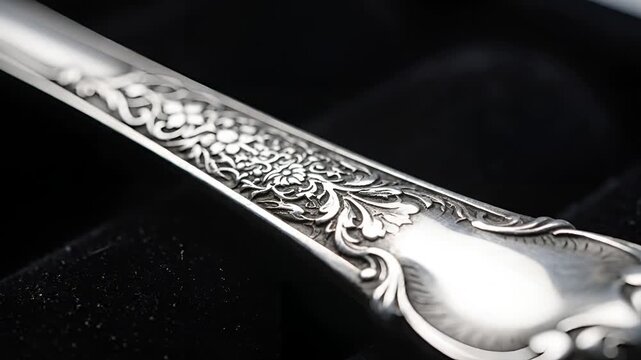 Closeup of ornate antique silver spoon with floral engraving.