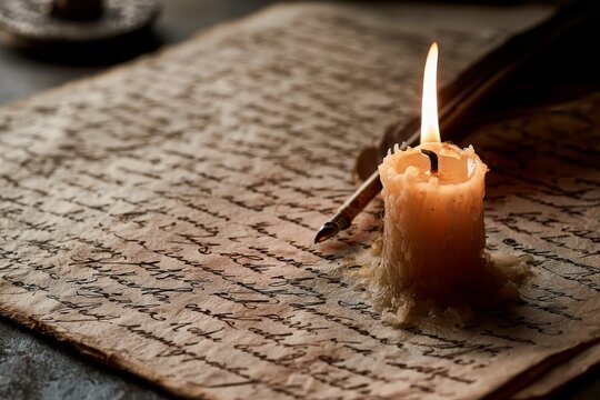 Old Manuscript by Candlelight: A flickering candle casts a warm glow on an ancient, handwritten manuscript, illuminating quill and ink, evoking a sense of history and literary pursuit.