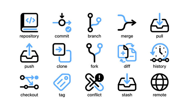 Version control icons illustrating git actions on white