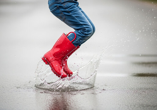 A child in red rain boots jumps in a puddle outdoors on a bright day.