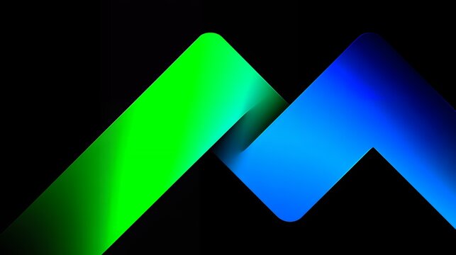 Glowing 3d ribbon forming an upward trending zigzag chart in green and blue gradients on black for business growth concept.