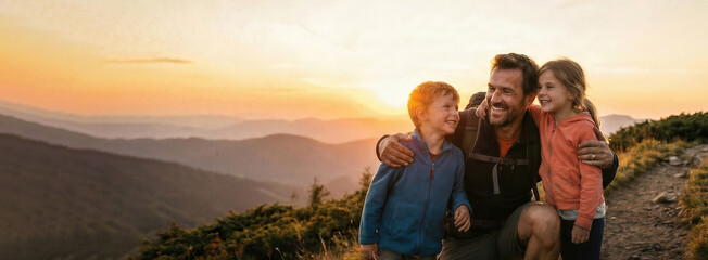Naklejka premium Father with daughter and son hiking in mountain at sunset. Happy parent hugging child on nature trail during Fathers Day. Family leisure, summer adventure, bonding. Banner with copy space