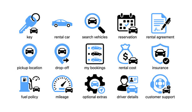 Car rental and booking icons showing rental process and options
