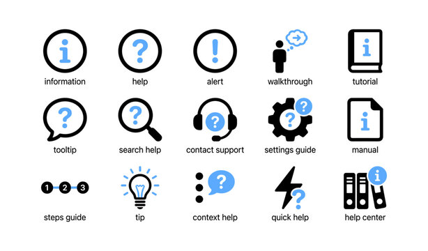 Help and support icons showing guides on white background