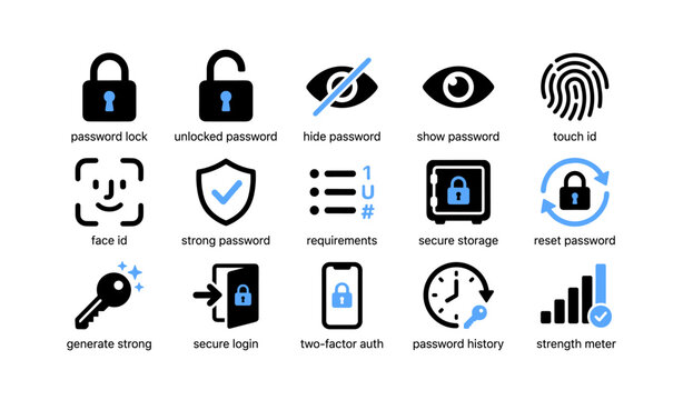 Password and security icons with locks and auth on white background