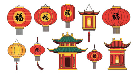 Set of Traditional Chinese Lanterns and Architectural Elements © ANAK
