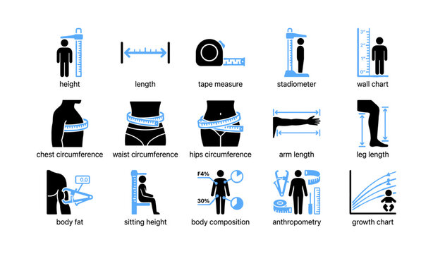 Body measurement icons anthropometry metrics on white background
