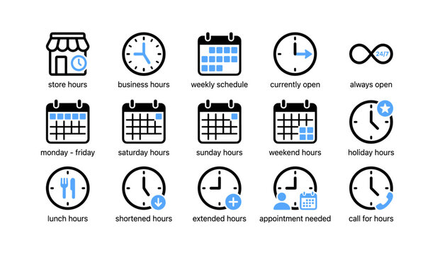 Business hours icons showing schedules and availability on white grid