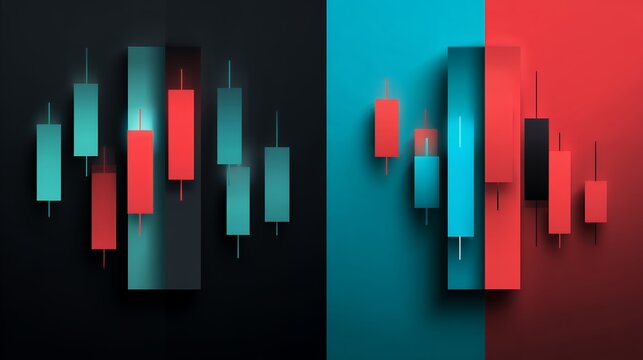 3D stylized financial candlestick chart on split color background, modern stock market trading and investment data visualization.