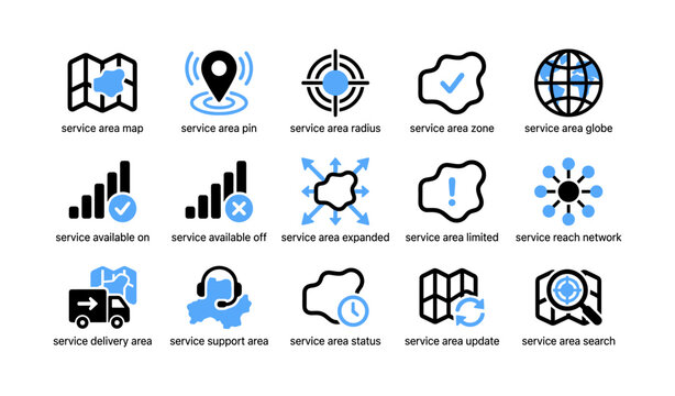 Service area and availability icons arranged on white background