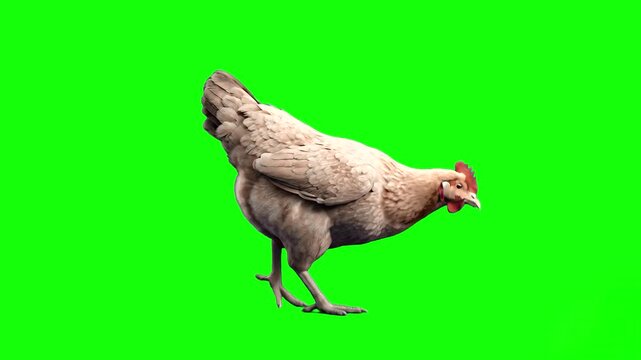 A domestic white chicken walking forward in a continuous animation loop. This realistic 3D animal asset on a chroma key background is designed for farm-themed video editing, digital production, and ed