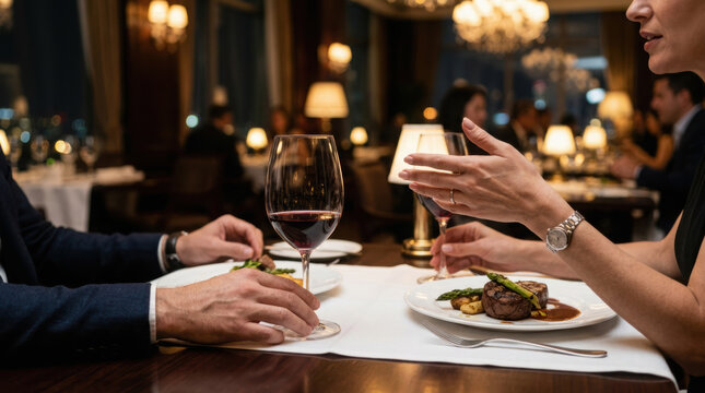 Elegant executive networking dinner featuring fine dining with gourmet dishes and wine, creating sophisticated atmosphere for conversation