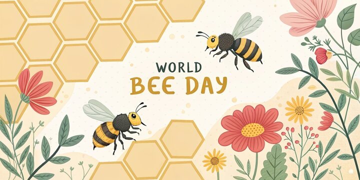 World bee day banner honeycomb bees flowers nature pollination eco concept