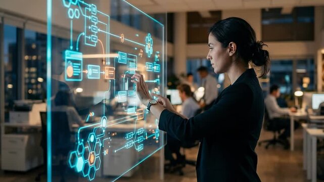 Medium shot capturing a person interacting with a transparent digital ledger on a touchscreen illustrating internal blockchainbased prescription claim tracking blurred office