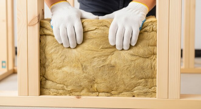 Construction worker installing yellow insulation material inside a wooden frame wall for energy efficiency.