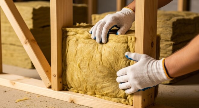 High quality rockwool insulation material fitted precisely into wooden wall slots for soundproofing and warmth.