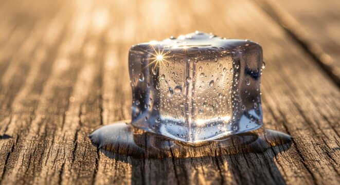Close-up shot of a cold melting ice cube surrounded by a liquid puddle on a dry wood deck.