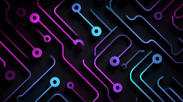 Dark futuristic background with glowing neon 3d circuit board lines and technology nodes in vivid pink and blue colors