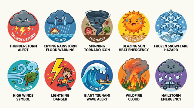 Cartoon-style flat vector emergency weather icons featuring expressive clouds and warning symbols  angry thundercloud alert  crying rainstorm flood warning  spinning tornado icon  blazing sun heat 