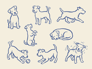 Hand drawn dog sketches in blue line art, collection of 8 terrier puppy illustrations, minimalist canine character set for pet branding