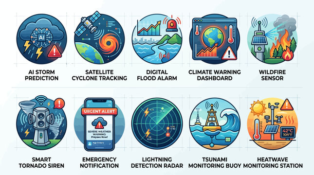  futuristic emergency weather monitoring system theme  AI storm prediction alert  satellite cyclone tracking  digital flood alarm  climate warning dashboard  wildfire sensor icon  smart tornado siren 