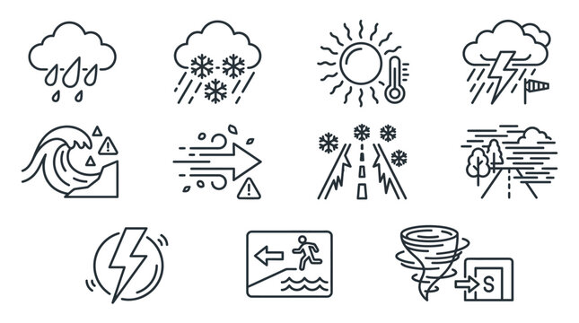 Clean outline vector icon collection of public safety weather warnings  caution rain cloud  emergency snowstorm  dangerous heatwave  severe thunderstorm icon  coastal storm surge alert  emergency wind