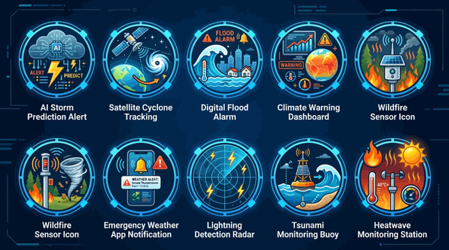  futuristic emergency weather monitoring system theme  AI storm prediction alert  satellite cyclone tracking  digital flood alarm  climate warning dashboard  wildfire sensor icon  smart tornado siren 